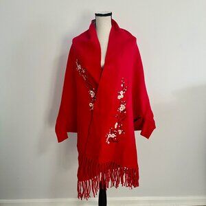 Red Knit Cherry Plum Blossom Floral Shawl Scarf Wrap with Sleeves and Tassels